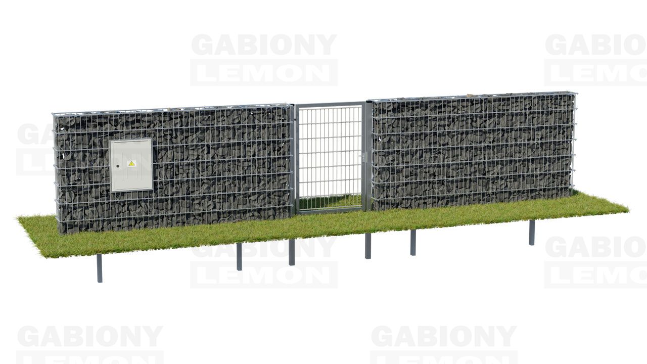 gabionový plot s brankou a plynoměrem přímo v plotě