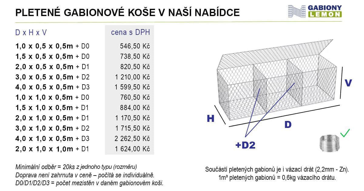 rozměry a ceny pletených gabionových košů